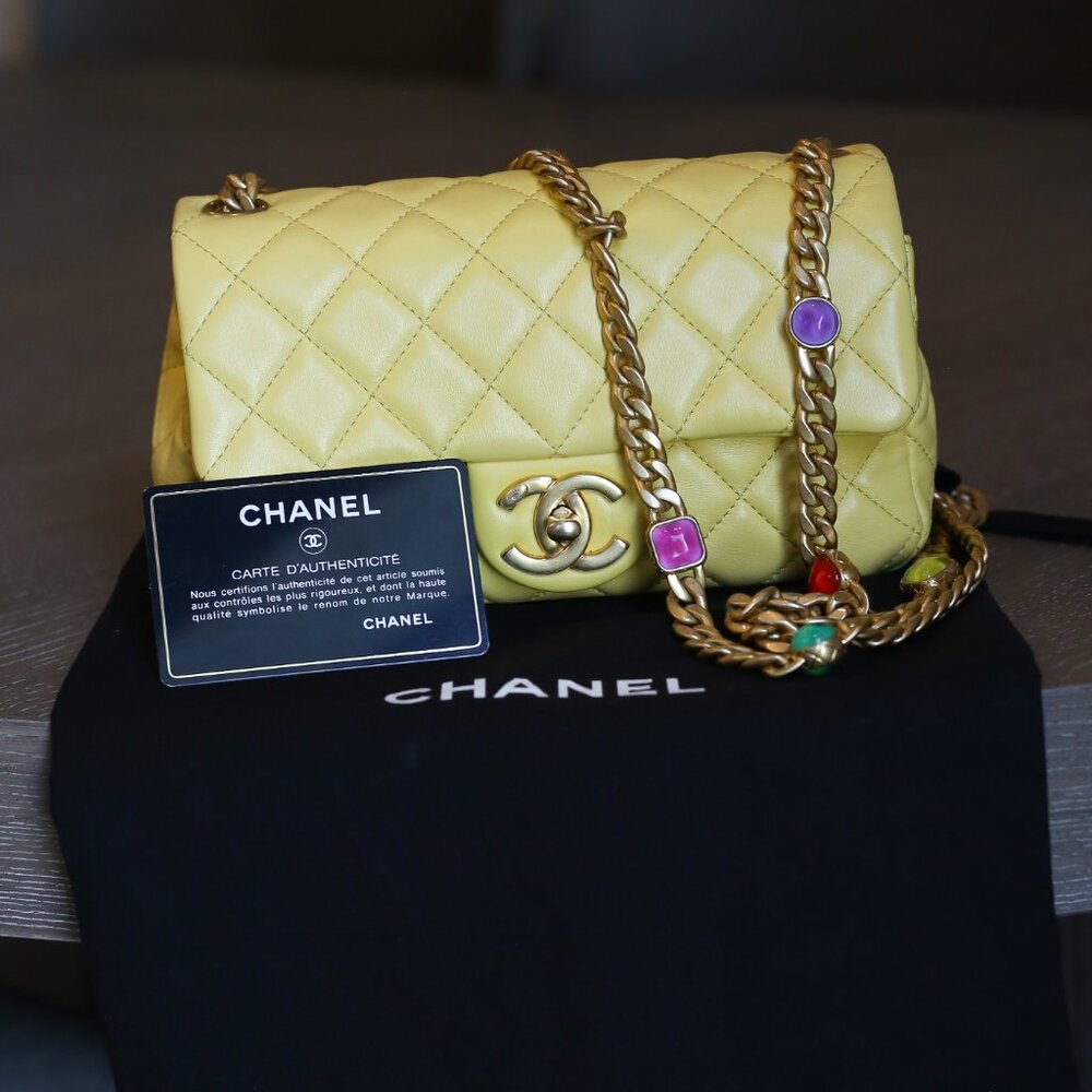 Yellow Lambskin Quilted Mini Rectangular Samba Flap